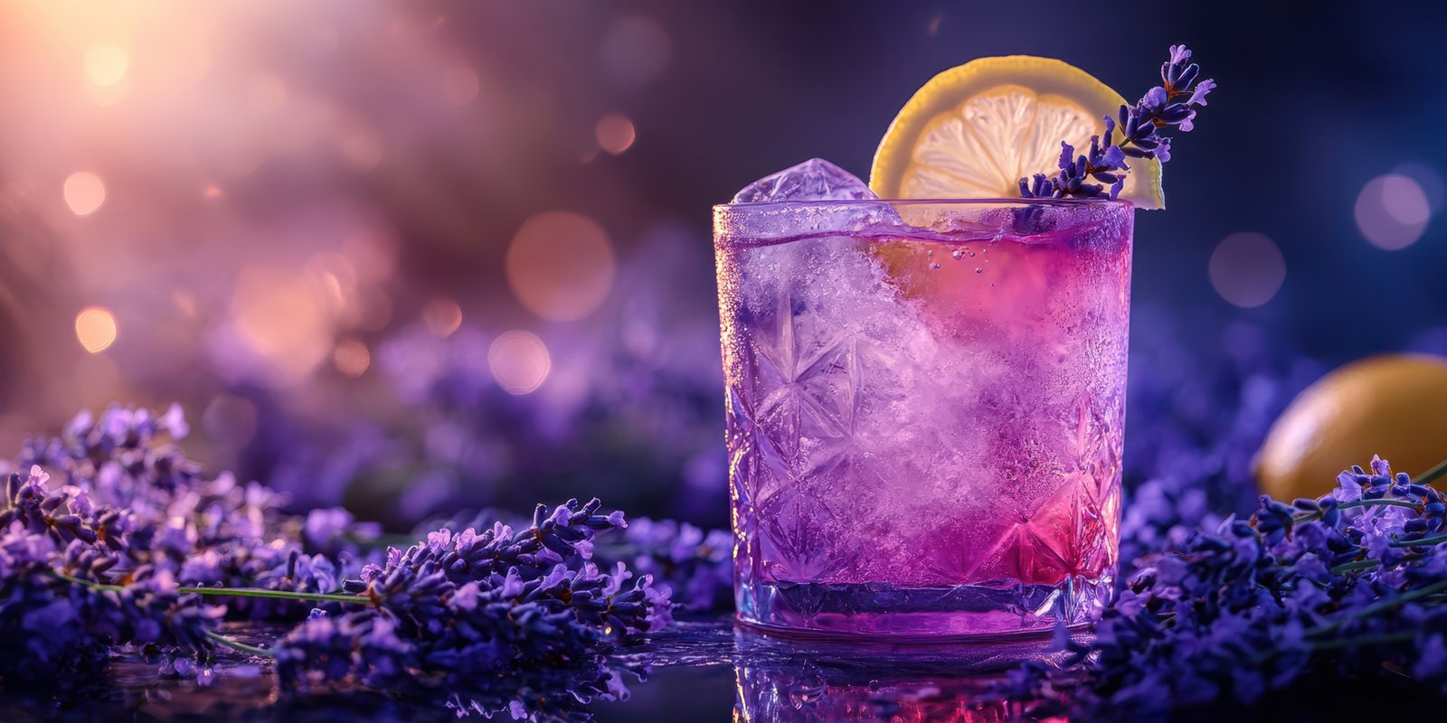 Refreshing lavender lemonade cocktail garnished with lemon slices and lavender sprigs on a vibrant background